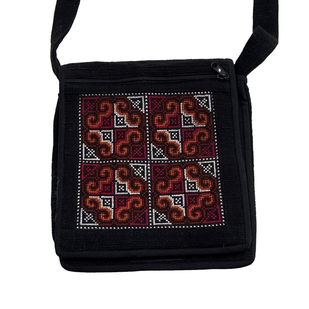 Black Small Crossbody Bag Geometric Embroidered Zip Adjustable Strap Pockets